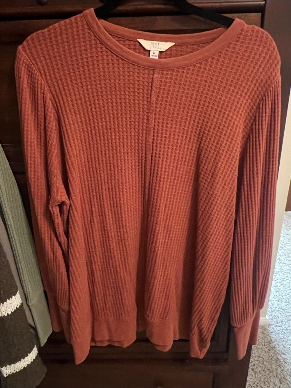Time and Tru Men's Waffle-Knit Crewneck Sweater in Rust